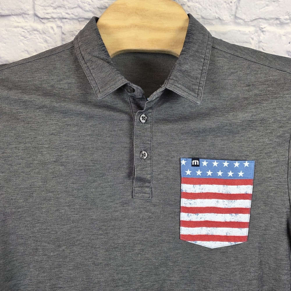 TRAVIS MATHEW Shirt Men Gray Polo Golf USA Flag Star Striped Size Medium Flaw*